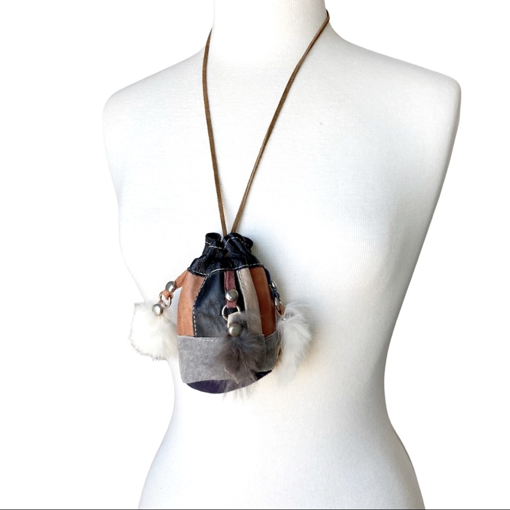 Leather Drawstring Patchwork Bag with Fur Vintage “Tobacco” Pouch Necklace
